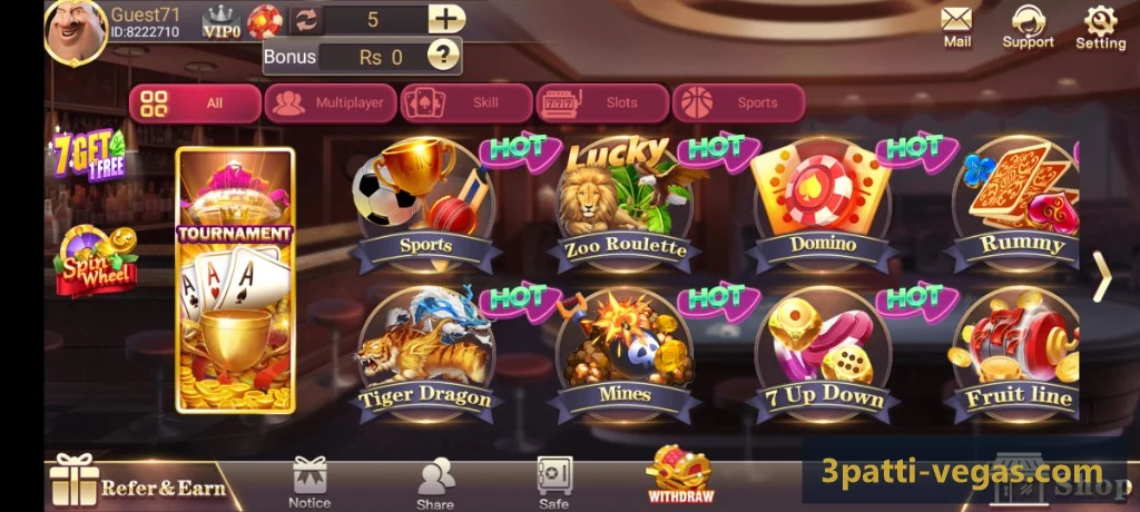 3 Patti Vegas main game lobby showing Rummy, Tiger Dragon, Mines, and bottom navigation bar
