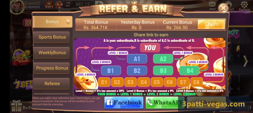 3 Patti Vegas Refer and Earn dashboard showing three-level commission structure