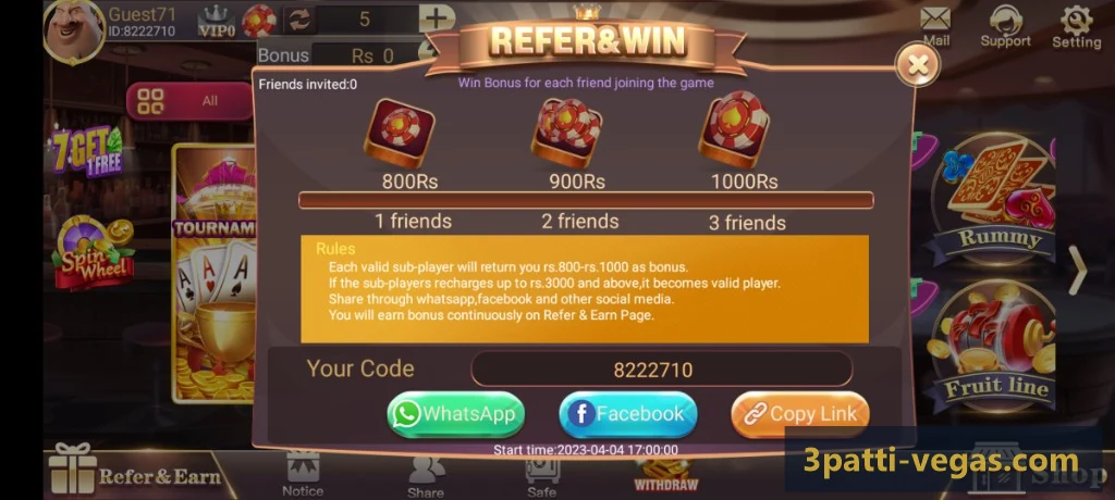 3 Patti Vegas Refer and Win popup showing friend invite rewards up to 1000 Rs